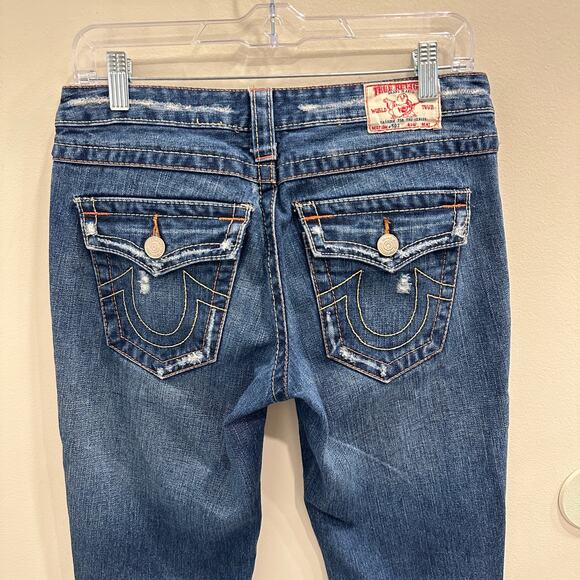 True Religion Joey Distressed Low-Rise Flare Jeans Size 29 Dark Wash Blue Y2K - Picture 6 of 11